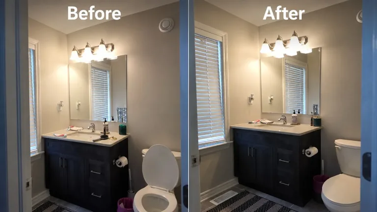 Before and after professional bathroom cleaning showing detail work in Kingston