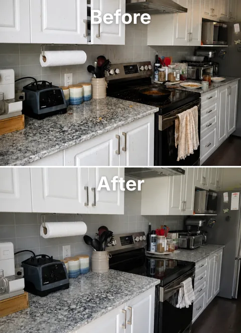 Before and after kitchen deep clean showing seasonal reset results in a Kingston home
